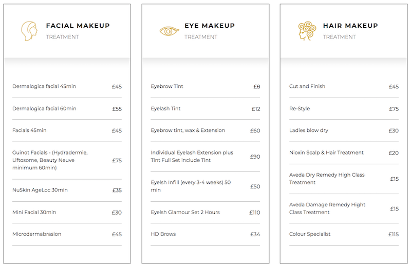 Mina - Beauty Salon Makeup Reservation WordPress theme pricing lists