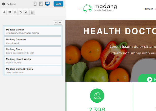 Madang WordPress edit theme contents in live