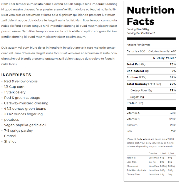 Madang WordPress theme nutrition facts calculator