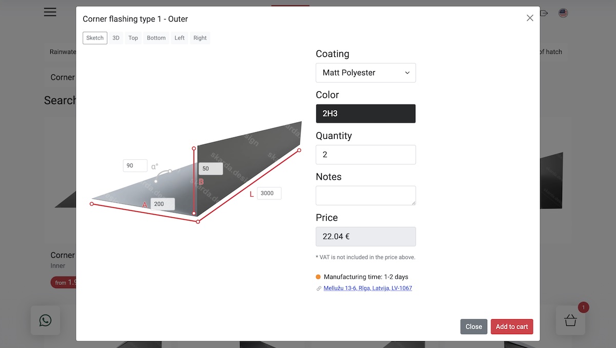 Skarda Design Portal. Customers can input custom size specifications of a metal flashing element.
